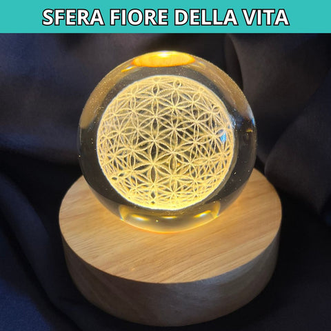 Sfera 3D Fiore della Vita con base led in legno