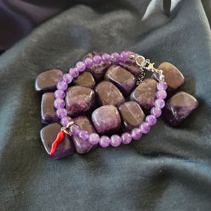 Bracciale Ametista pietre da 6mm e cornetto portafortuna