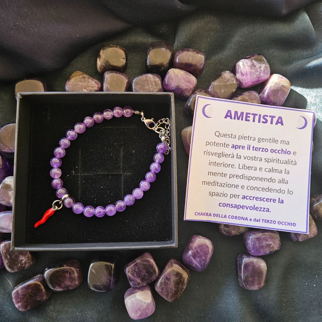 Bracciale Ametista pietre da 6mm e cornetto portafortuna