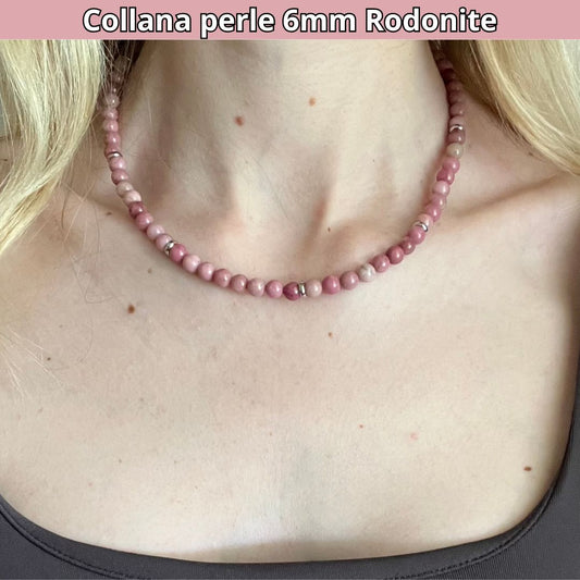 Collana con perle naturali Rodonite da 6 mm