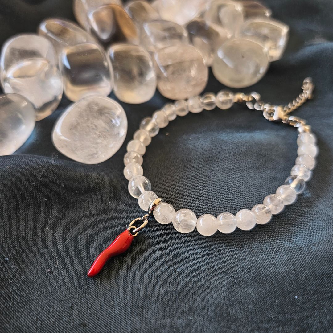 Bracciale Cristallo di Rocca 6mm e cornetto portafortuna