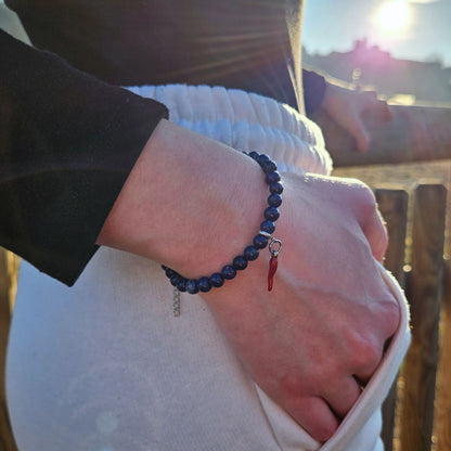Bracciale Lapislazzuli 6mm e cornetto portafortuna