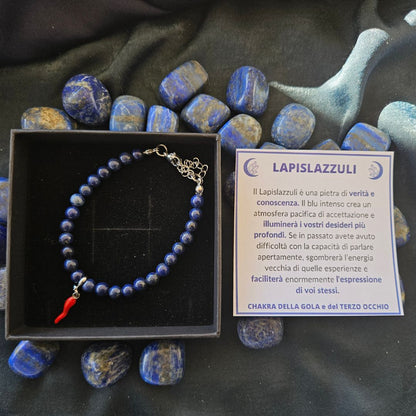 Bracciale Lapislazzuli 6mm e cornetto portafortuna