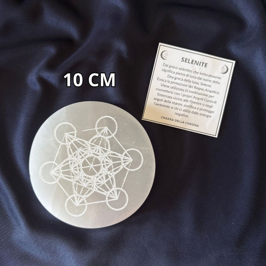 Sottobicchiere in Selenite 10 cm con Cubo di Metatron